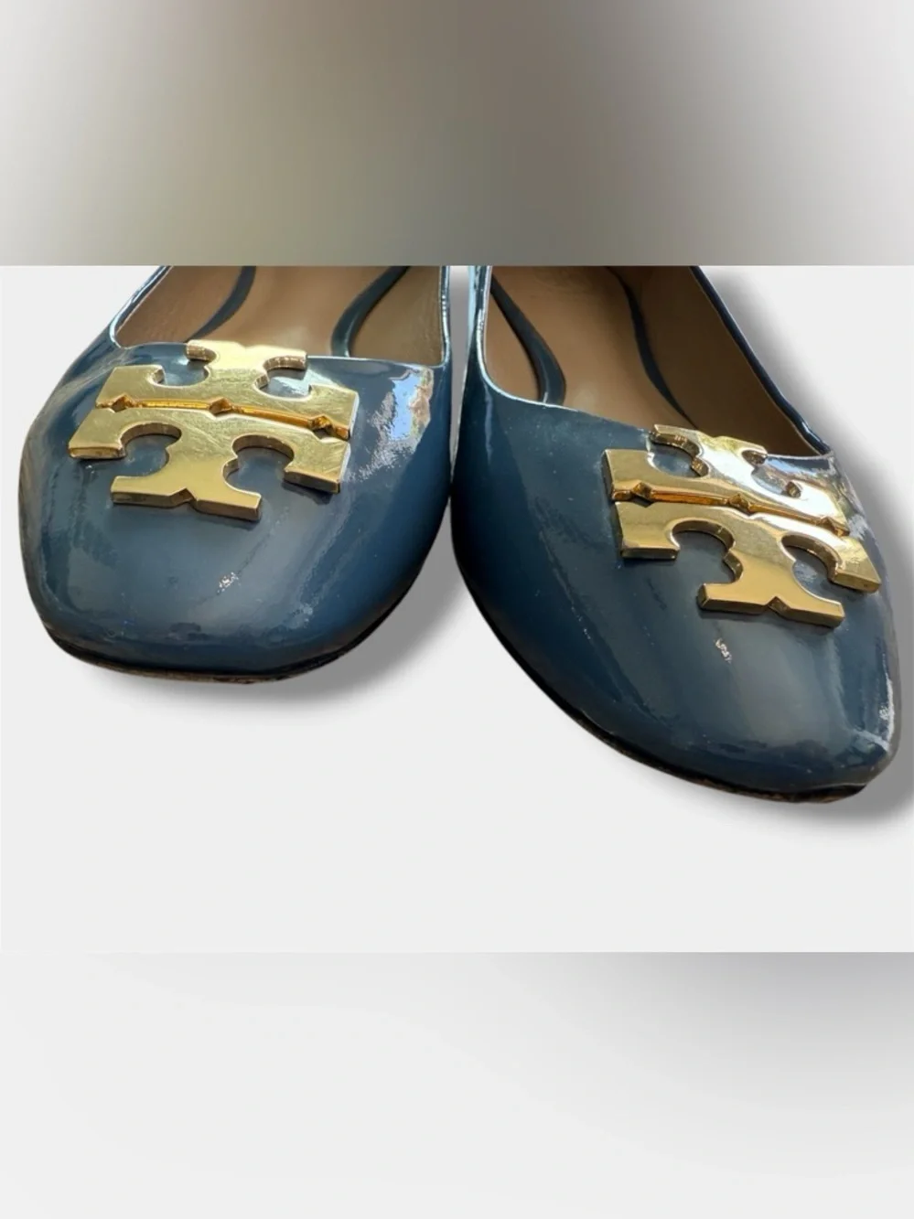 Tory Burch Reva Flats Blue Patent Leather Gold Logo Ballet Shoes Women’s 7M